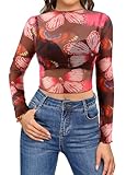 Elenint Damen Stylish Schmetterling Print Tops Sexy Mesh Langarm Crop Tops Oberteile Fishnet T-Shirt Bluse Tunika fur Party，Braun mit Farbigem Schmetterlingsdruck/M