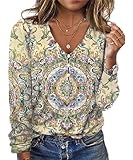 GRMLRPT Tops Damen Langarm Frühlingblusen V-Ausschnitt T-Shirts Tunika Oberteile Bedruckte Bluse Damen Elegant Lässige Hemd Langarmshirts für Damen(Gelb,L)