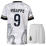 KISRAS R. Madrid Mbappe #9 Retro Weißer Drache Limitierte Sonderedition Seltenes Fußball Kinder Trikot Shorts Set Jugendgrößen (Weiß,164)