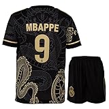 KISRAS R. Madrid Mbappe #9 Retro Goldener Schwarzer Drache Limitierte Sonderedition Seltenes Fußball Kinder Trikot Shorts Set Jugendgrößen (Schwarz,140)
