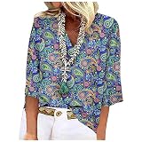 Generisch Blusentop Damen Sommer, Tshirts 3/4 Arm Casual Sommer Tops V Ausschnitt Loose Fit Oberteile Longshirts Baumwolle Longsleeve Schwarz Cut Out Oberteil Große Pullover Shirt (M, Blue)