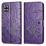 Schlanke Schutzhülle für Samsung Galaxy A42 5G/M42 5G, Brieftaschen-Schutzhülle mit Kartenhalter, geprägtes Blumenmuster, Leder-Klapphülle, stoßfest, kompatibel mit Frauen (Dunkelviolett)