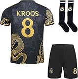 PraiseLight R. Madrid Toni Kroos #8 Kinder Trikot Fußball Spezielle Golddrachen-Edition Shorts Socken Set Jugendgrößen (Schwarz,28)
